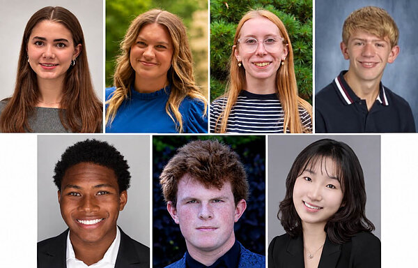 Collage of seven undergraduate students’ headshots, with four portraits across the top row and three across the bottom. The students smile or face the camera against a mix of studio and outdoor backgrounds.